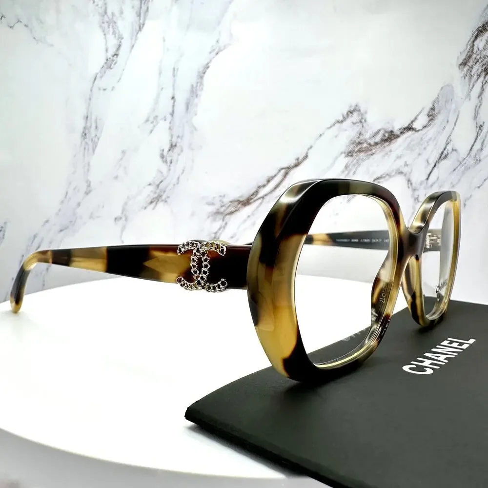 New CHANEL Eyeglasses Brown Gold Chain CC Square Acetate Womens - Picture 3 of 16